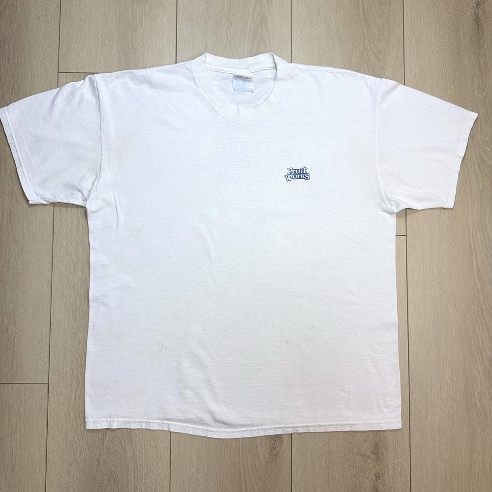 VTG Fruit of the Loom Works T Shirt Mens XL White Logo Back Print USA 90s Tee